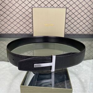 Tom Ford Black Lizard-Embossed Leather Belt with Silver T-Buckle